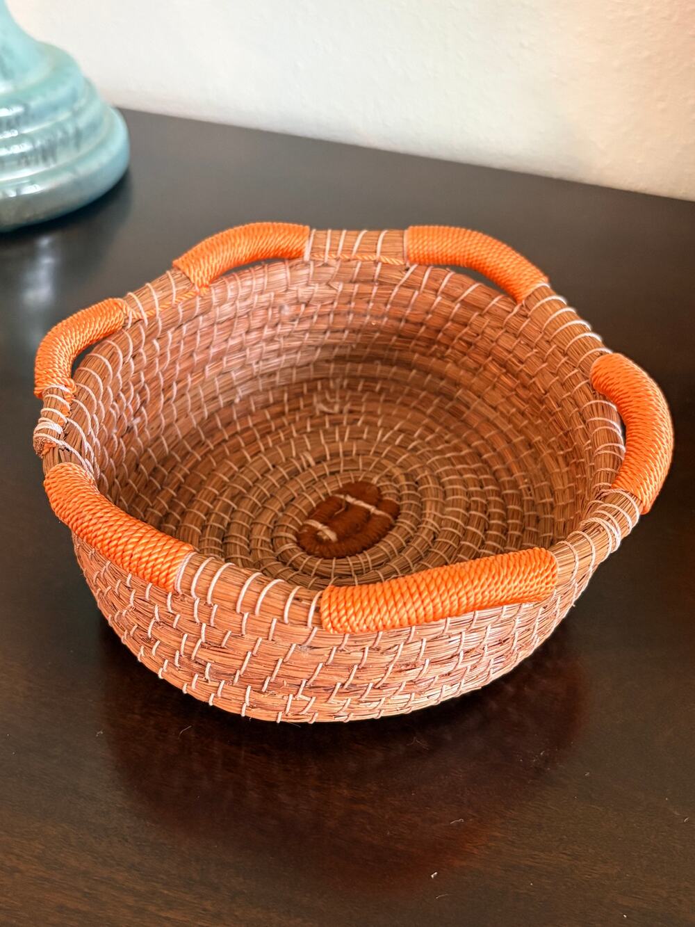 Handwoven Natural Fiber Basket Bowl Orange Wrapped Rim Boho Coastal Decor